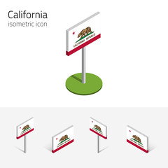 Flag of California (State of California, USA), vector set of isometric flat icons, 3D style, different views. Editable design element for banner, website, presentation, infographic, map, card. Eps 10