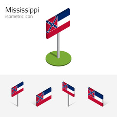 Flag of Mississippi (State of Mississippi, USA), vector set of isometric flat icons, 3D style, different views. Editable design element for banner, website, presentation, infographic, map. Eps 10