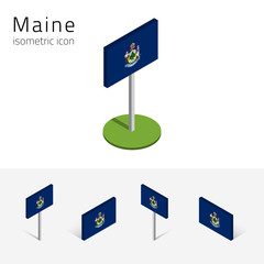 Fototapeta premium Flag of Maine (State of Maine, USA), vector set of isometric flat icons, 3D style, different views. Editable design element for banner, website, presentation, infographic, poster, map, collage. Eps 10