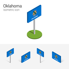 Flag of Oklahoma (State of Oklahoma, USA), vector set of isometric flat icons, 3D style, different views. Editable design element for banner, website, presentation, infographic, poster, map. Eps 10