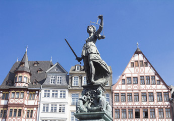 old town square romerberg with Justitia statue in Frankfurt Germany