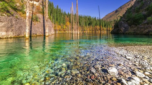 Mountain river flows into Lake Kaindy in Kazakhstan. 4K TimeLapse - September 2016, Almaty and Astana, Kazakhstan
