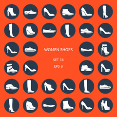 Fototapeta premium Women's shoes on an orange background: boots, shoes, sneakers. Autumn and winter