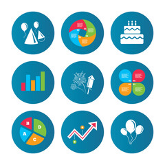 Birthday party. Cake, balloon, hat and fireworks.