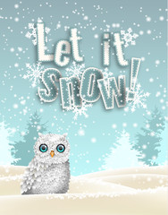 Holiday winter theme, white owl sitting in snow, illustration