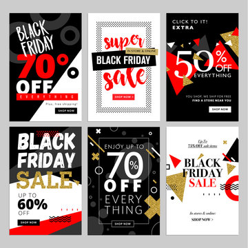 Set of mobile sale banners. Black Friday sale banners. Vector illustrations of online shopping website and mobile website banners, posters, newsletter designs, ads, coupons, social media banners.