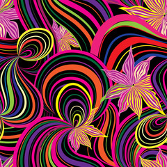 Abstract wave line and loops seamless pattern. Swirl wavy flower background. Hawaiian floral ornament