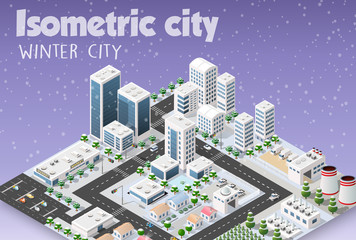 Isometric module of the modern 3D city. Winter landscape snowy trees, streets. Three-dimensional views of skyscrapers, houses, buildings and urban areas with transport roads, intersections