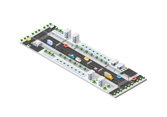 Isometric module of the modern 3D city. Winter landscape snowy trees, streets. Three-dimensional views of urban areas with transport roads, intersections
