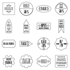 Obraz premium Black Friday Sales signs icons set. Outline illustration of 16 Black Friday Sales signs vector icons for web