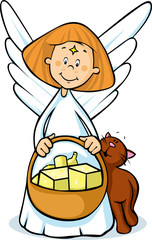 angel holding a basket full of gifts and cat fawns - cute illustration isolated