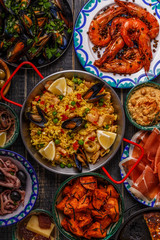 Typical spanish tapas concept, top view.