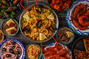 Typical spanish tapas concept, top view.