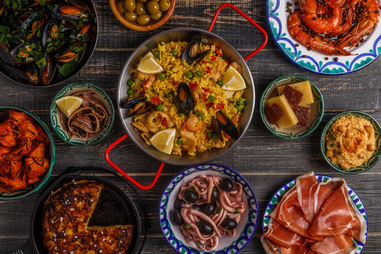Typical spanish tapas concept, top view.