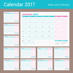 Calendar Planner Template for 2017 Year. Set of 12 Months. Business Planner Template. Stationery Design. Week starts Monday. Vector Illustration
