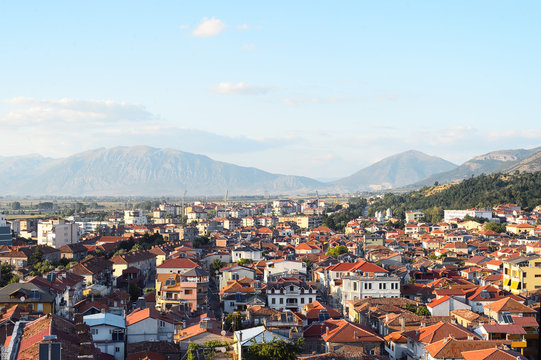 Aerial view to small town Korca, situated in south-east of Albania.