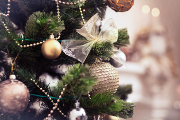 Decorated Christmas tree. Winter background. Closeup