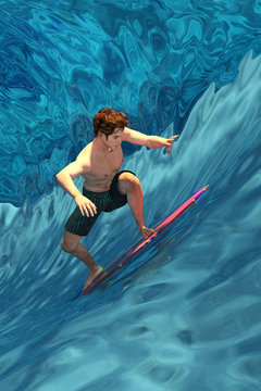 Handsome surfer sliding through waves. 3d illustration.