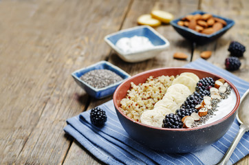 Greek yogurt almond banana Chia seeds Quinoa blackberry breakfas