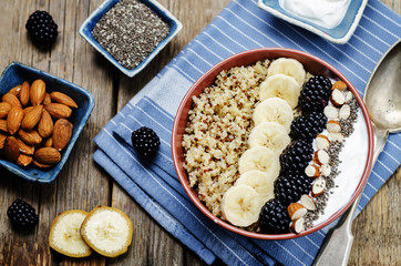 Greek yogurt almond banana Chia seeds Quinoa blackberry breakfas