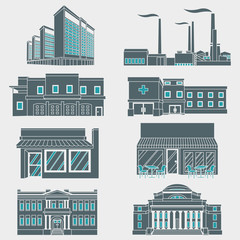 Vector illustration different urban industrial buildings in a flat style.