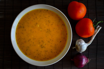 Zucchini soup with tomatoes, garlic and onion in a white bowl