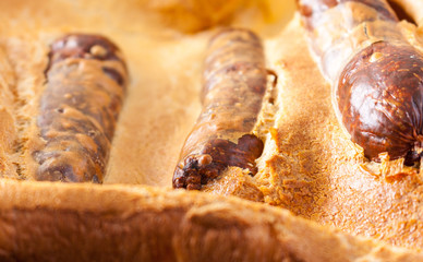 Close-up view of a toad in the hole ready to be served