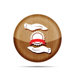 wooden hands with badge with red ribbon icon - vector illustrati