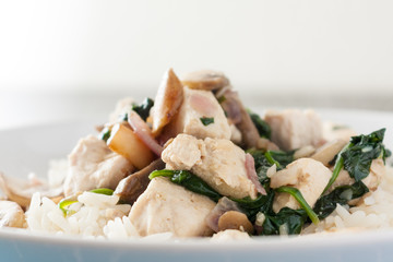 Close-up view of stir-fried chicken, mushrroms and spinach served with white rice