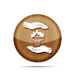 wooden torch icon with flame and flat hands on a white backgroun