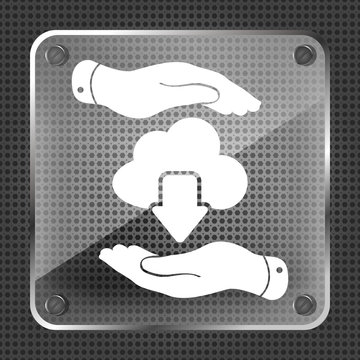 two hands with cloud computing download icon on a metallic backg