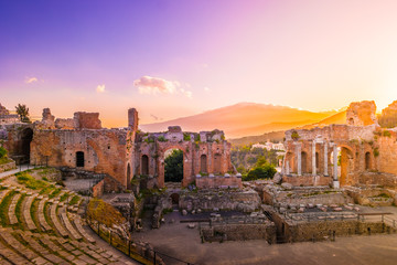 The Ruins of Taormina Theater at Sunset. Beautiful travel photo, colorful image of Sicily. - 124784177