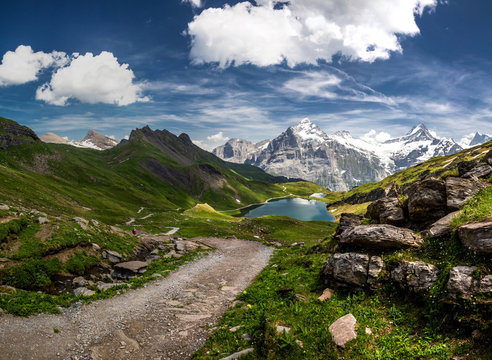 Swiss beauty, Schreckhorn and Wetterhorn mounts from path above Bachalpsee lake