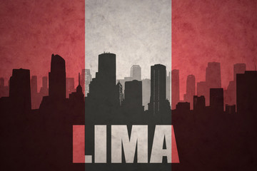 abstract silhouette of the city with text Lima at the vintage peruvian flag