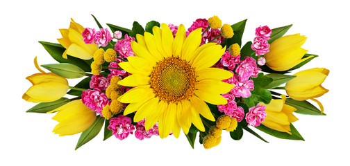 Sunflower, tulips and hawtorn flowers arrangement