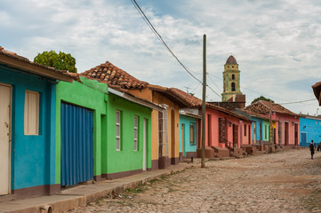 Colored houses on a cobblestone street in colonial Trinid