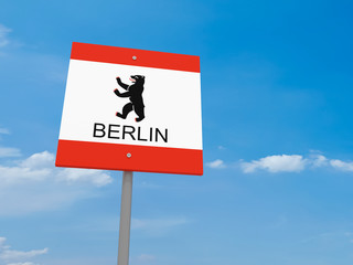 Berlin Bear Flag Road Sign Against A Cloudy Sky, 3d illustration