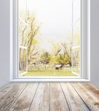 Fototapeta Window with summer landscape view