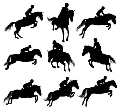 Set of a jumping horse with rider sulhouettes