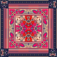 Beautiful carpet, lovely tablecloth with birds, hearts, flowers and ornamental border. Beautiful ethnic vector pattern. Card, bandana print, kerchief design, napkin. Valentine's day.