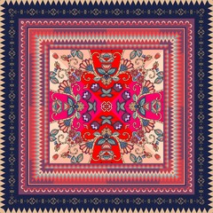 Carpet, lovely tablecloth with cute birds, hearts, flowers and ornamental border. Beautiful ethnic vector pattern. Card, bandana print, kerchief design, napkin. Valentine's day.