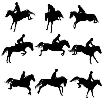 Set of a jumping horse with rider silhouettes