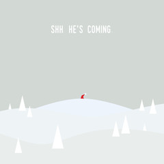 Santa Claus walking over the hill. Christmas card vector template.