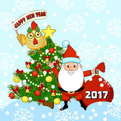Happy New Year vector illustration with Santa Claus, christmas tree and cock. Rooster. 