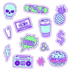 Set of neon colormascuine sketchy patches and pins.