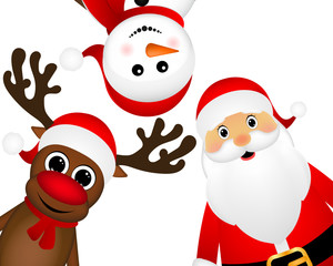 Santa Claus with reindeer and a snowman standing