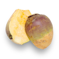 Swede vegetable cut in half isolated on white with clipping path