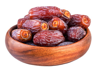Dried dates. Bowl with dry dates isolated on white