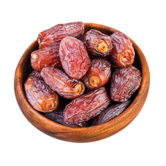 Dried dates fruits. Bowl with dry dates isolated on white, top view.