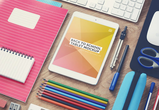 Tablet and School Supplies on Desk Mockup